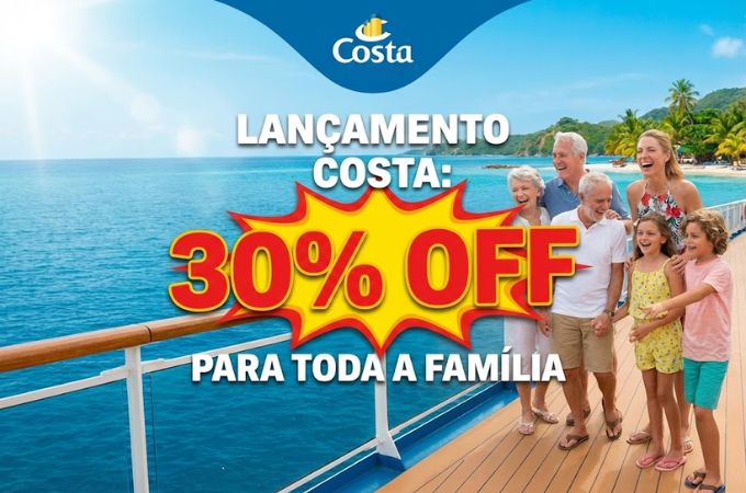 30% OFF em Cruzeiros no Brasil 2026/2027 pela Costa Cruzeiros